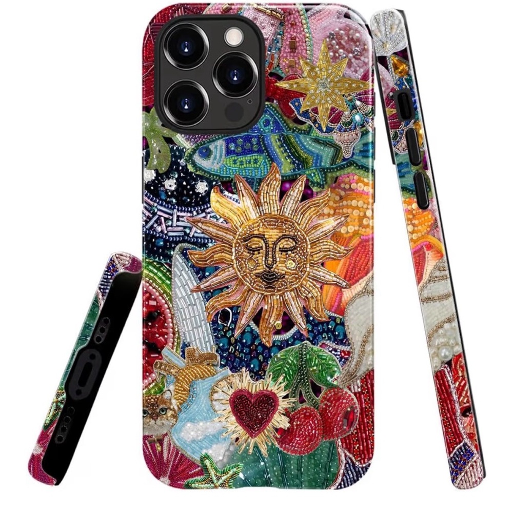 Stylish Sun & Heart Beaded Phone Case - Multicolor